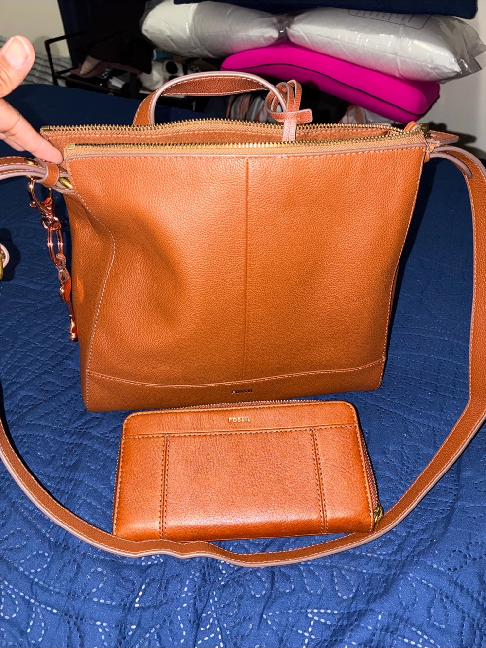 Fossil Cognac Leather Tote with Matching Wallet
